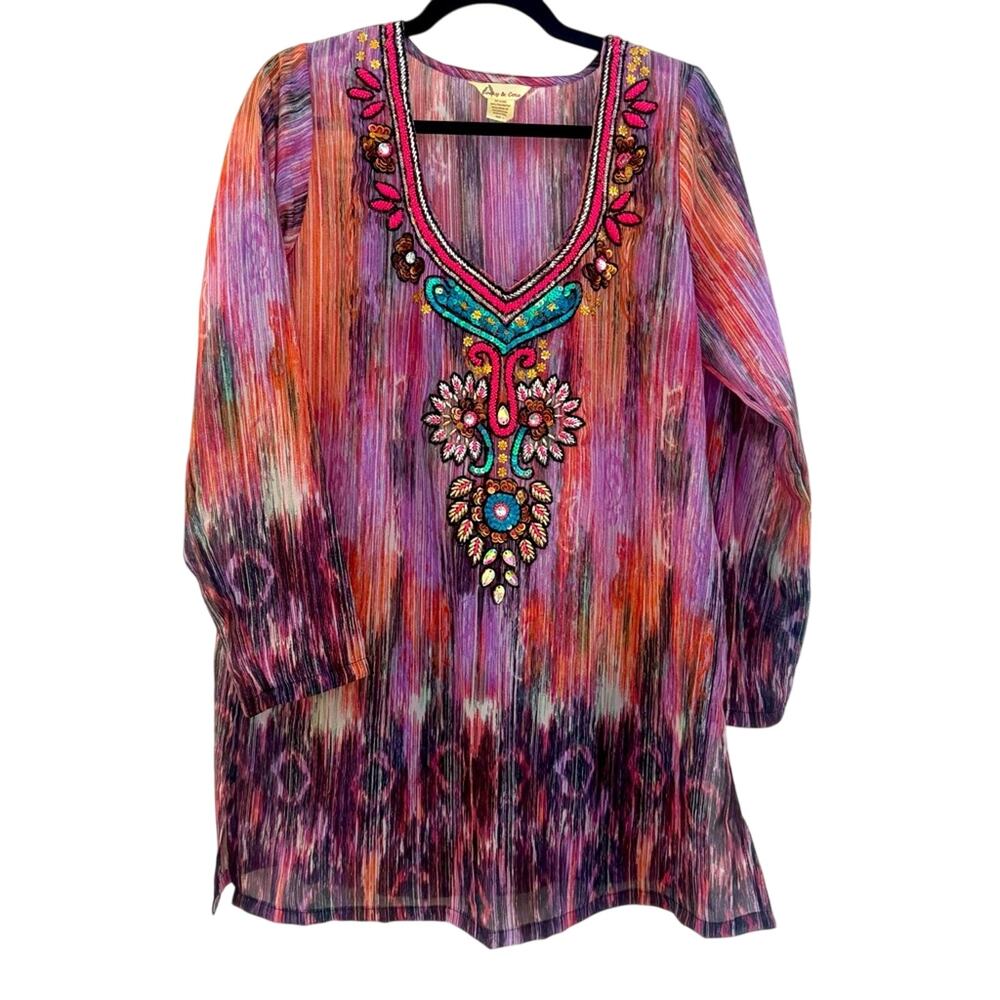 Lucky & Coco Women’s Embellished Sheer Aztec Colorful Swim Cover Up Tunic Size L